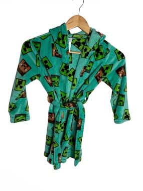 Minecraft fuzzy hooded tie waist Steve & creeper bath robe unisex size (S) 6